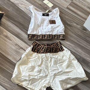 Fendi  KIDS White and Brown Logo Crop Top and Shorts